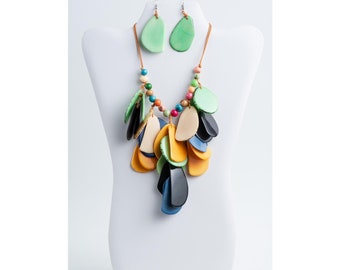 Multicolored Cascading Bib Tagua | Aqua black yellow ivory bib necklace and aqua blue earrings | gift for her | waterfall jewelry