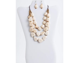 Ivory White Tagua Nut Necklace Set | Layer Statement Necklace | Chunky Beige Cream Necklace | Lightweight 14 Anniversary Gift for her