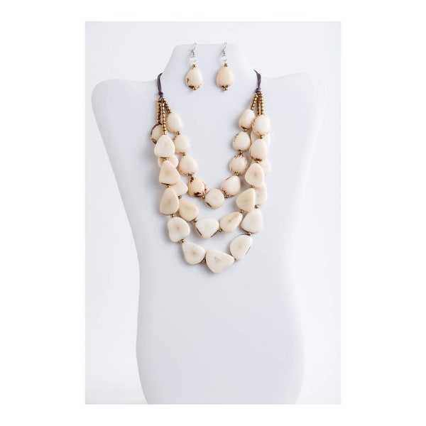 Ivory White Tagua Nut Necklace Set | Layer Statement Necklace | Chunky Beige Cream Necklace | Lightweight 14 Anniversary Gift for her