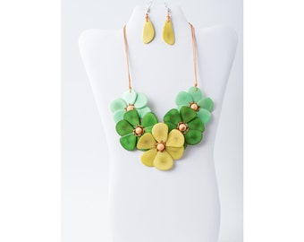 Tones of green Tagua Flower Necklace Set | Green Eco Friendly Bib Statement | Gift for Wife Mom Her | Organic Jewelry