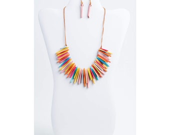 Multicolored Spike Necklace & Earrings | Rainbow Tagua Lightweight Multicolored Layered Tagua