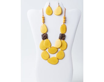 Yellow Tagua coconut necklace set | Summer yellow Organic tagua Jewelry | Lightweight chunky gift for her