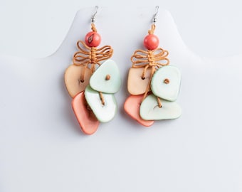 Pastel Long Tagua Earrings | Spring Lightweight Earring Gift | Aqua Peach Ivory Salmon