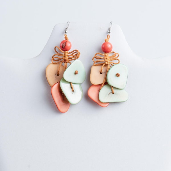 Pastel Long Tagua Earrings | Spring Lightweight Earring Gift | Aqua Peach Ivory Salmon