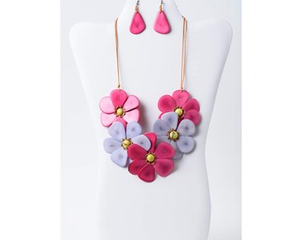 Fuchsia Lavendar Tagua Flower Necklace Set |  Pink Eco Friendly Bib Statement Jewelry | Gift for Wife Mom Her