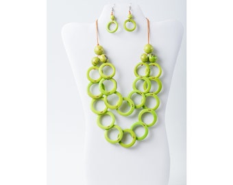 Green Circular Tagua Necklace Set | Lightweight chunky green gift for her