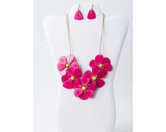 Fuchsia Tagua Flower Necklace Set |  Hot Pink Eco Friendly Bib Statement Jewelry | Gift for Wife Mom Her