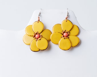 Yellow Tagua Flower Earrings Lightweight Organic Yellow Gift for Her Eco Friendly