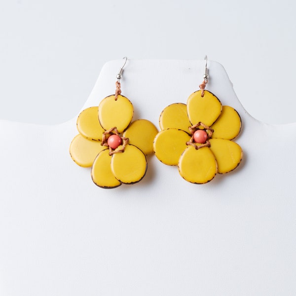 Yellow Tagua Flower Earrings Lightweight Organic Yellow Gift for Her Eco Friendly