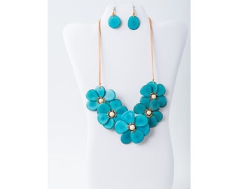 Blue Tagua Flower Necklace Set | Blue Eco Friendly Bib Statement Jewelry | Gift for Wife Mom Her