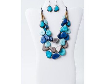 Turquoise Blue Chunky Tagua Necklace | Lightweight Navy Blue Earrings | Gift for her