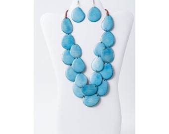 Blue Organic Tagua Necklace and Earrings Handcrafted Statement Sustainable Eco-Friendly Accessories Unique Natural Jewelry Ethical Fashion