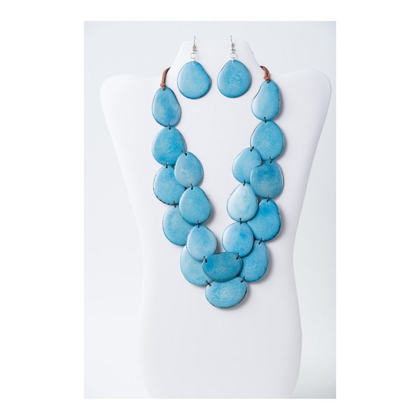 Blue Organic Tagua Necklace and Earrings Handcrafted Statement Sustainable Eco-Friendly Accessories Unique Natural Jewelry Ethical Fashion