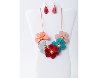 Multicolored Flower Tagua Necklace and Earrings | Blush Burgundy Blue Coral Eco Friendly Bib Statement Jewelry | Gift for Wife Mom Her