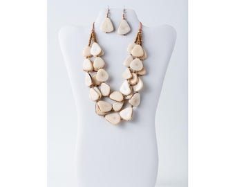 Ivory White Tagua Necklace Set | Three-Strand Eco-Friendly Jewelry | 14th Anniversary Gift for her