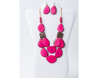 Fuchsia Pink Tagua coconut necklace set | Hot pink Organic tagua Jewelry| Lightweight chunky gift for her