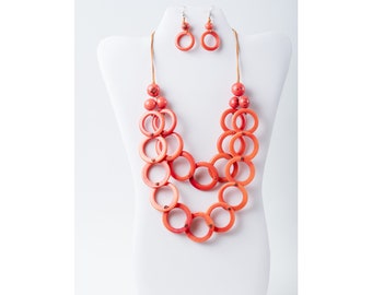 Salmon Circular Tagua Necklace Set | Lightweight chunky salmon gift for her