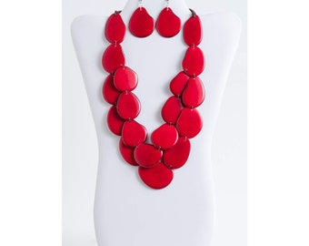 Red Chunky Statement Tagua Necklace Set | Multicolored Bib Necklace | Lightweight | Bold Red Necklace