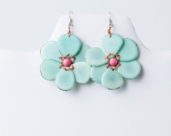 Aqua Tagua Flower Earrings Lightweight Organic Blue Gift for Her Eco Friendly