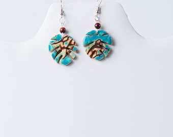 Blue Monstera Tagua Earrings, Handmade Leaf Earrings, Plant, Tropical Summer Earrings