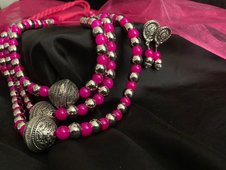 Hand crafted thread oxidized necklace with dangle matching earrings Boho JewelryIndian Ethnic Oxidized Jewelry