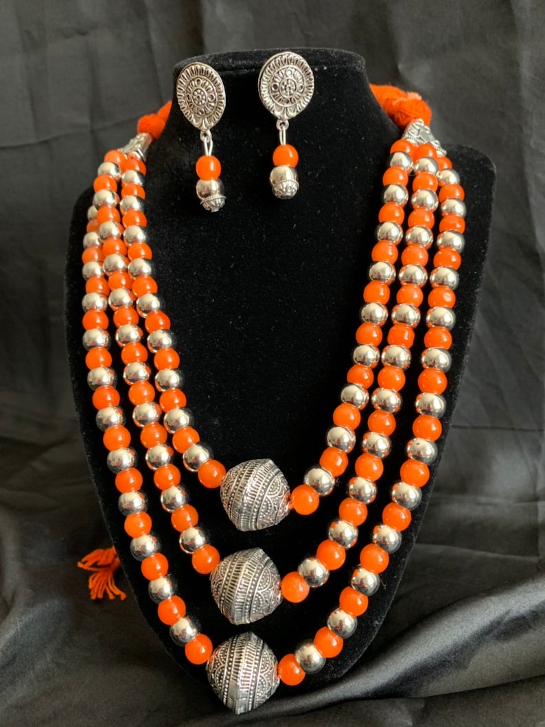 Hand crafted thread oxidized necklace with dangle matching earrings Boho JewelryIndian Ethnic Oxidized Jewelry
