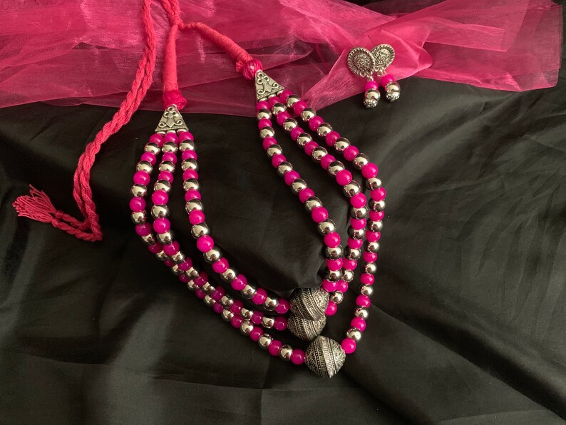 Hand crafted thread oxidized necklace with dangle matching earrings Boho JewelryIndian Ethnic Oxidized Jewelry
