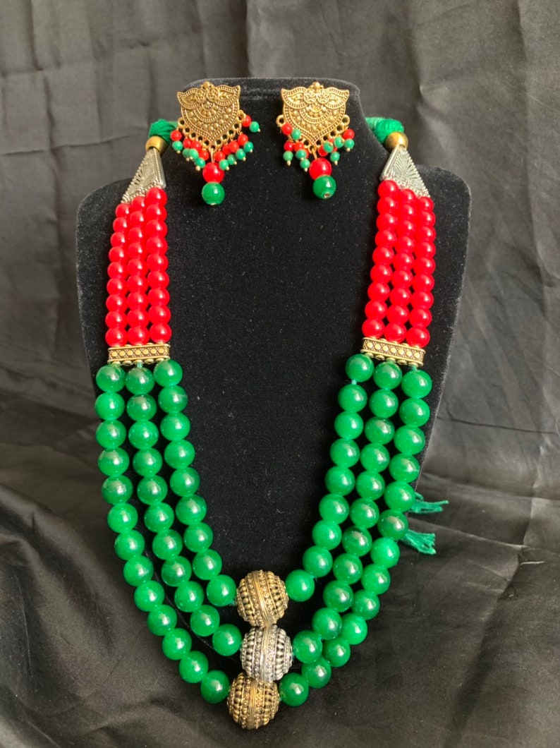 Hand crafted thread oxidized necklace with dangle matching earrings Boho JewelryIndian Ethnic Oxidized Jewelry