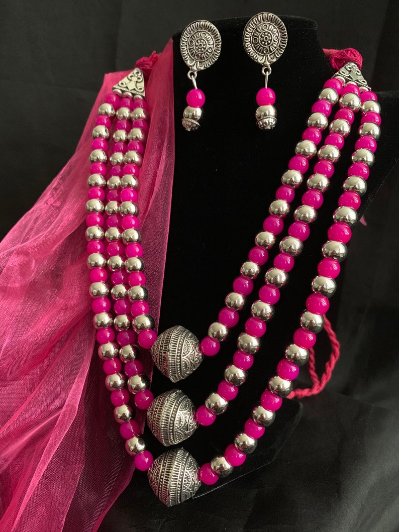 Hand crafted thread oxidized necklace with dangle matching earrings Boho JewelryIndian Ethnic Oxidized Jewelry