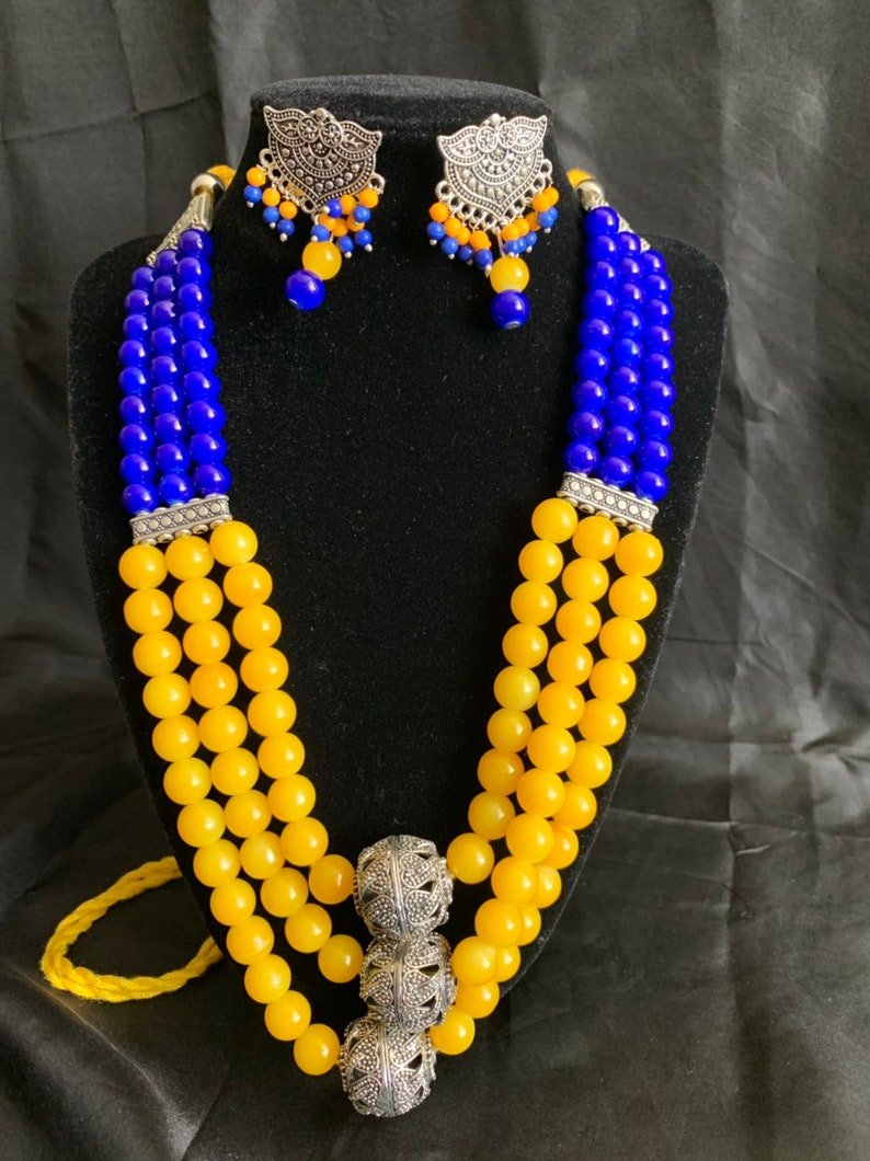 Hand crafted thread oxidized necklace with dangle matching earrings Boho JewelryIndian Ethnic Oxidized Jewelry