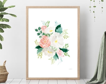 Watercolor Peony Wall Art, Pink and White Floral Prints, Flower Bouquet Artwork, Digital Download, Office Decor, Handmade 8x10in, 11x14in