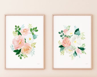 Set of 2 Watercolor Peonies Printable Wall Art | Pink Floral Prints, Art for Nursery or Baby Shower Gift, 8x10in, 11x14in