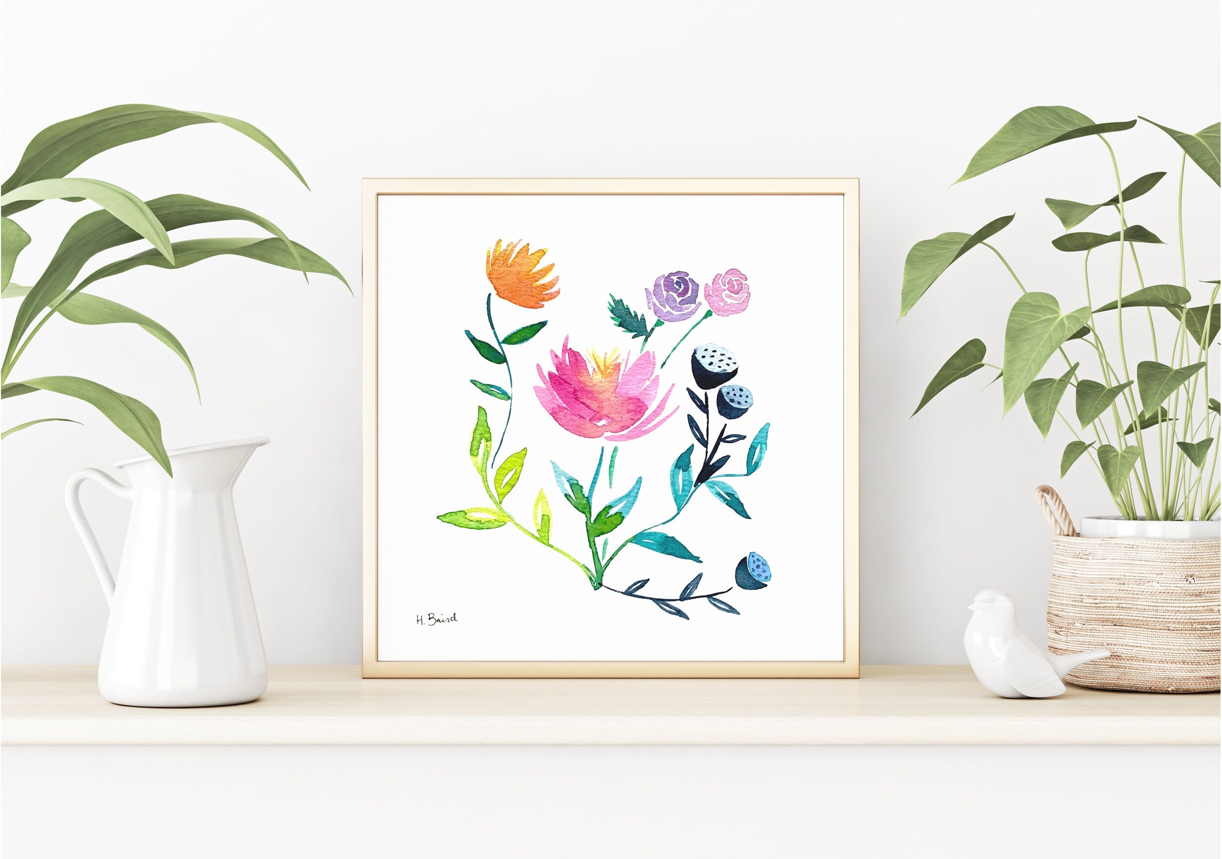 Whimsical Garden With Flowers and Foliage Square Art Print, 12x12 ...