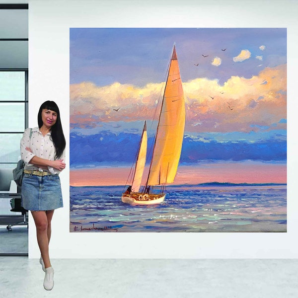 Große Seelandschaft Gemälde Segelboot Original Kunst Boote Gemälde Miami Beach Gemälde Impasto Kunstwerk von LemArtStore