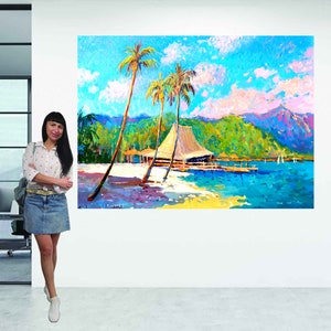 Large Seascape Painting Sailboat Original Art Palms Painting Hawaii Beach Painting Impasto Artwork by LemArtStore