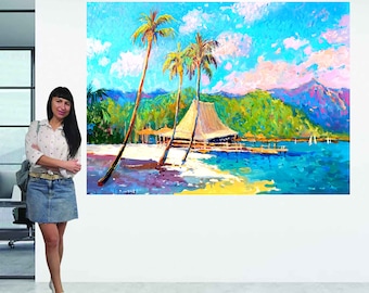 Gran pintura de paisaje marino: arte original de playa hawaiana con empasto