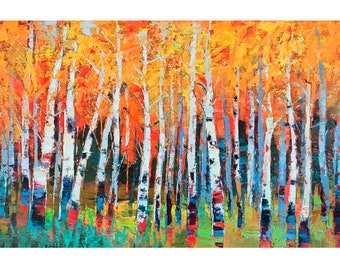 Original Birch Tree Impasto Painting: Autumn Forest Art (14x20)