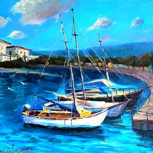 Boats Painting Sailboat Original Art Italy Painting Seascape Painting Impasto Artwork by LemArtStore
