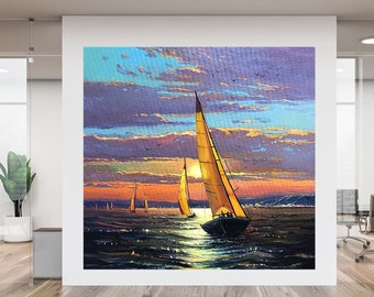 Large Seascape Painting Sailboat Original Art Boats Painting Miami Beach Painting Impasto Artwork by LemArtStore