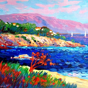 Pintura de paisagem marinha grande, veleiro, arte original, barcos, pintura da Itália, pintura em impasto, obra de arte da LemArtStore