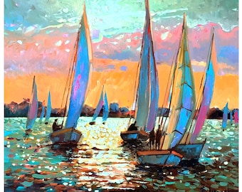 Boats Painting Original Oil Painting 16x20 Impasto Painting Sailboat Painting Miami Beach   Artwork Seascape Painting Impasto Artwork