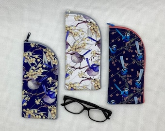 Blue Wrens glasses case.  Fabric, padded, slim zip pouch for sunglasses, reading, spectacles