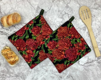 Australian Waratah pot holders. Fabric, padded, insulated, lightly quilted. Hot pads, bench/table saver, trivet, placemat.