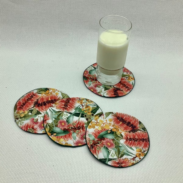 Wildflowers fabric coasters. Set of 4 (four). Round, padded, lightly quilted for wine, bar, drinks. Coffee cup mats. Mug mates.