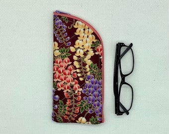 Wisteria flora glasses case. Fabric, padded, slim zip pouch for sunglasses, reading, spectacles, eyeglasses., pencil case. Handbag organiser