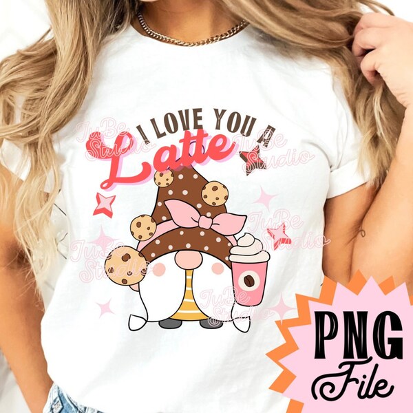 Gnome Valentines Retro Png design, I Love you Latte Valentine's png, New 2023 Valentine's Day Png, Retro Latte Png