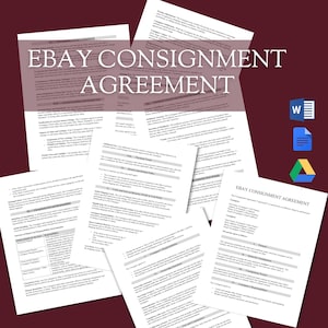 May include: A collection of white paper documents with the text "EBAY CONSIGNMENT AGREEMENT" in large, bold letters. The documents are arranged in a layered fashion, with a burgundy background. Icons for Word, PDF, and Google Drive are visible.