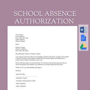 Plantilla de carta de autorización de ausencia escolar / Perfecta para padres / Documento de MS Word editable / Descarga instantánea / Fácil de personalizar