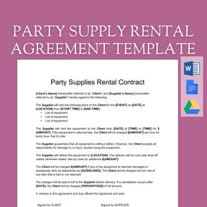 Party Supplies Rental Agreement Template | Contract for Rental, Form for Event Equipment & Supply Rent | Editable Document, Instant Download
