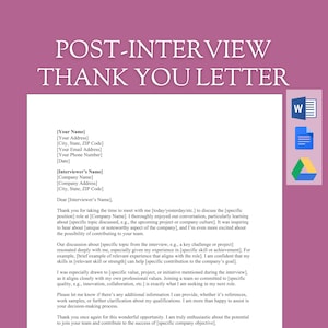 Plantilla de carta de agradecimiento posterior a la entrevista: Impresione profesionalmente al empleador, nota de seguimiento sobre el éxito profesional / Word editable, descarga instantánea